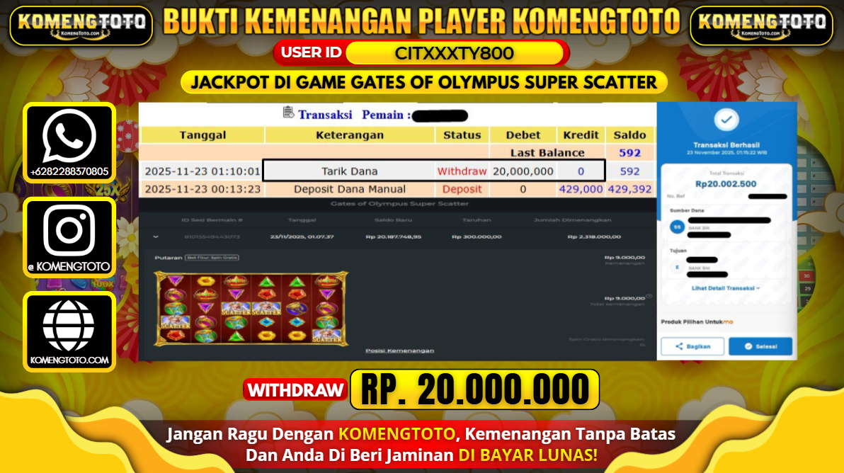 LAGI & LAGI!! KEMENANGAN BESAR DI SLOT GATES OF OLYMPUS SUPER SCATTER SEBESAR Rp.20.000.000 KOMENGTOTO BAYAR LUNAS SECEPAT KILAT !! KOMENGTOTO BAYAR SECEPAT KILAT !!