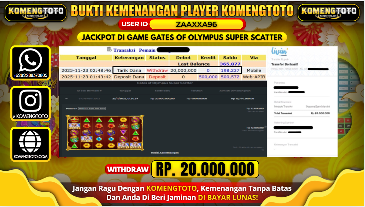 LAGI & LAGI!! KEMENANGAN BESAR DI SLOT GATES OF OLYMPUS SUPER SCATTER SEBESAR Rp.20.000.000 KOMENGTOTO BAYAR LUNAS SECEPAT KILAT !! KOMENGTOTO BAYAR SECEPAT KILAT !!