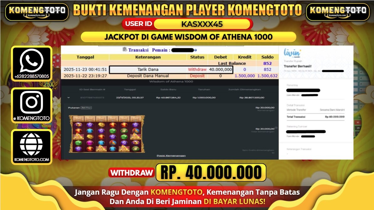 LAGI & LAGI!! KEMENANGAN BESAR DI GAME WISDOM OF ATHENA 1000 SEBESAR Rp.40.000.000 KOMENGTOTO BAYAR LUNAS SECEPAT KILAT !! KOMENGTOTO BAYAR SECEPAT KILAT !!