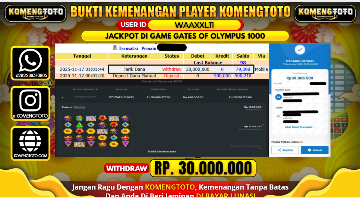 LAGI & LAGI!! KEMENANGAN BESAR DI SLOT GATES OF OLYMPUS 1000  SEBESAR Rp.30.000.000 KOMENGTOTO BAYAR LUNAS SECEPAT KILAT !! KOMENGTOTO BAYAR SECEPAT KILAT !!