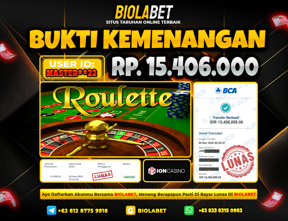 BIOLABET JACKPOT ION CASINO Rp.15.406.000.,- LUNAS
