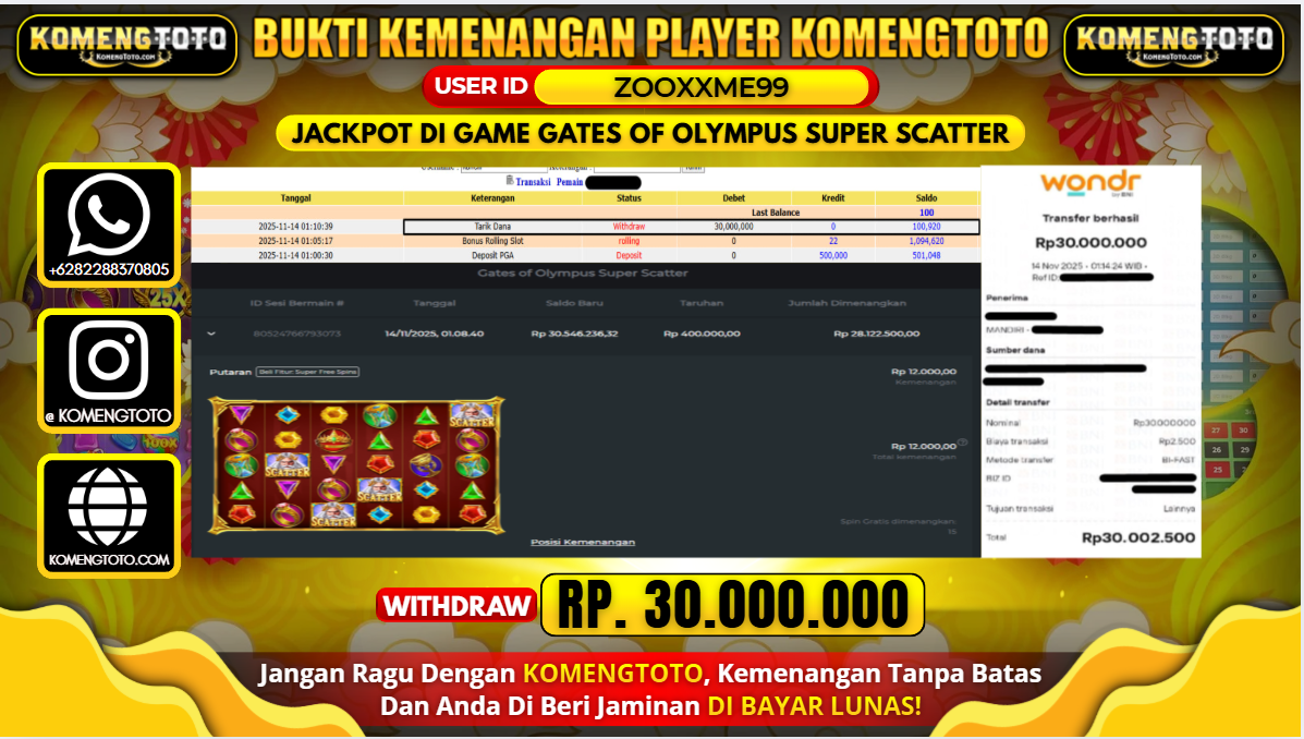LAGI & LAGI!! KEMENANGAN BESAR DI SLOT GATES OF OLYMPUS 1000  SEBESAR Rp.30.000.000 KOMENGTOTO BAYAR LUNAS SECEPAT KILAT !! KOMENGTOTO BAYAR SECEPAT KILAT !!