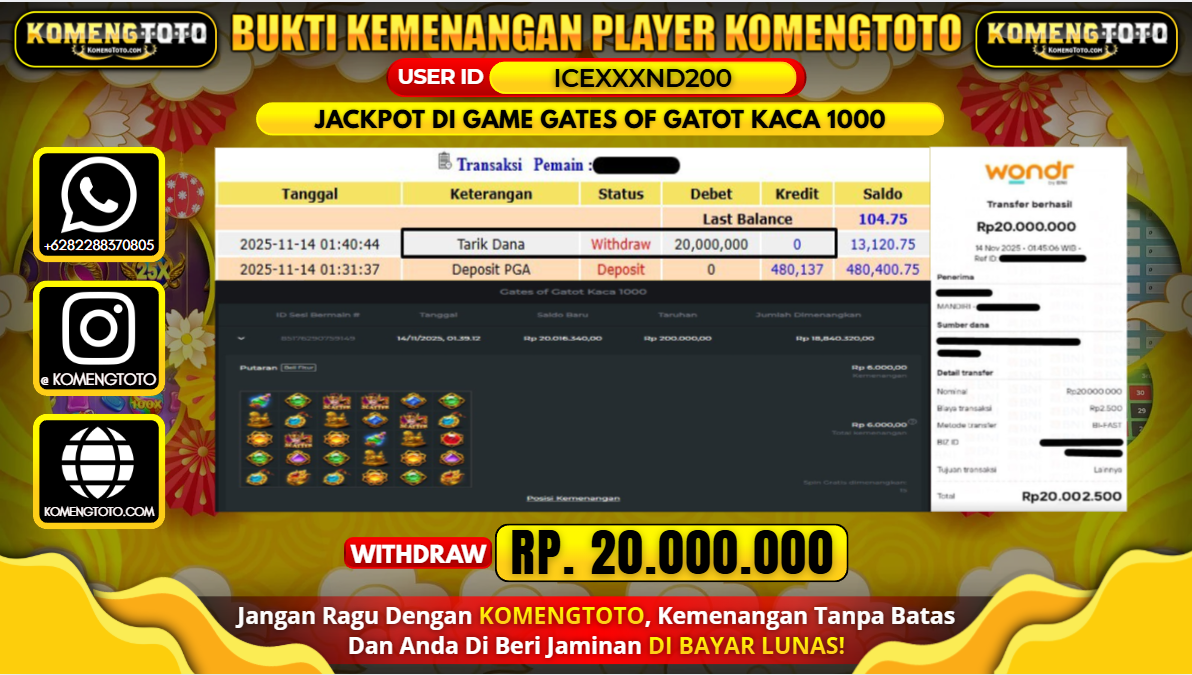 LAGI & LAGI!! KEMENANGAN BESAR DI SLOT GATES OF GATOT KACA 1000 SEBESAR Rp.20.000.000 KOMENGTOTO BAYAR LUNAS SECEPAT KILAT !! KOMENGTOTO BAYAR SECEPAT KILAT !!