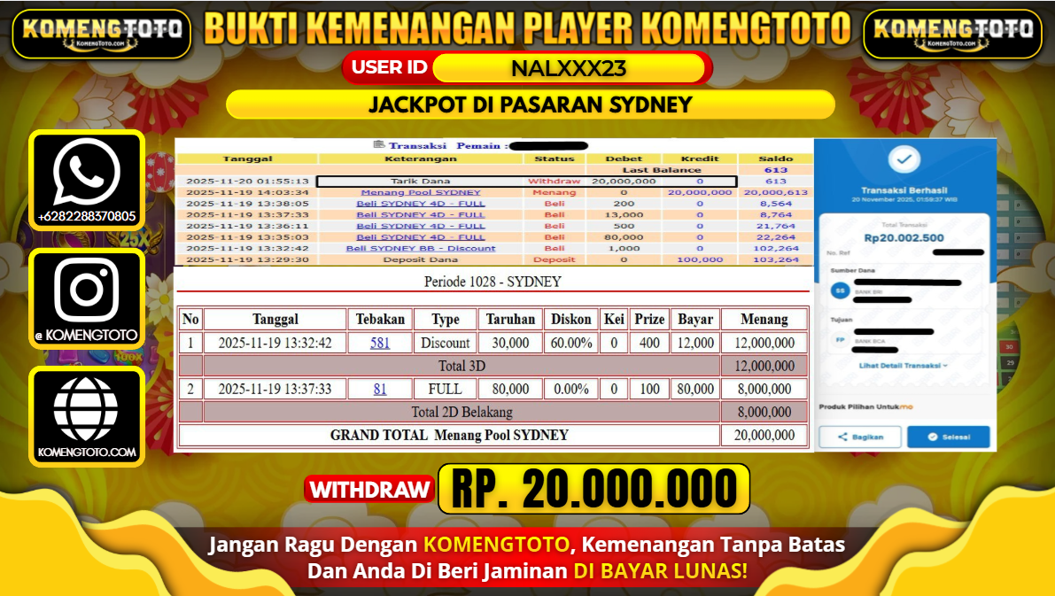 LAGI & LAGI!! KEMENANGAN BESAR DI PASARAN SYDNEY SEBESAR Rp.20.000.000 KOMENGTOTO BAYAR LUNAS SECEPAT KILAT !! KOMENGTOTO BAYAR SECEPAT KILAT !!