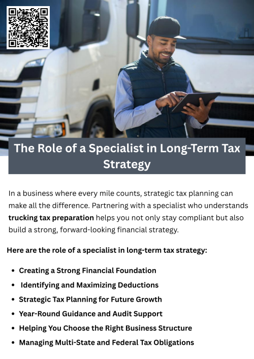 A specialist in long-term tax strategy helps businesses create sustainable financial plans that minimize tax liabilities while maximizing savings. They analyze cash flow, deductions, and compliance needs to ensure long-term stability. For industries like transportation, expert trucking tax preparation ensures accurate filings, optimized deductions, and strategic planning for better financial outcomes over time. To know more visit here https://www.truckersprocpa.ca/trucking-tax-planning-preparation-services.