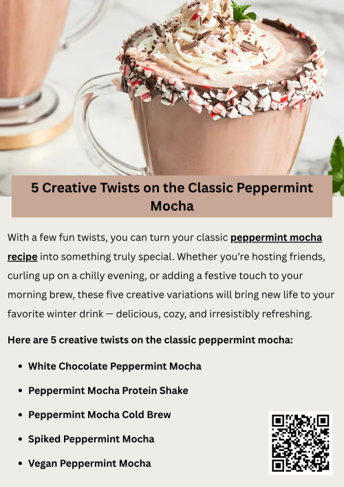 Enjoy five creative variations of the classic peppermint mocha recipe, each adding a unique flavor twist. Blend in caramel drizzle, white chocolate, or hazelnut for a richer taste, or try dairy-free options for a lighter version. These inventive takes bring new warmth and character to the beloved peppermint mocha, perfect for cozy seasonal sipping. To know more visit here- https://wideawakecoffee.com/peppermint-mocha-hot-chocolate/