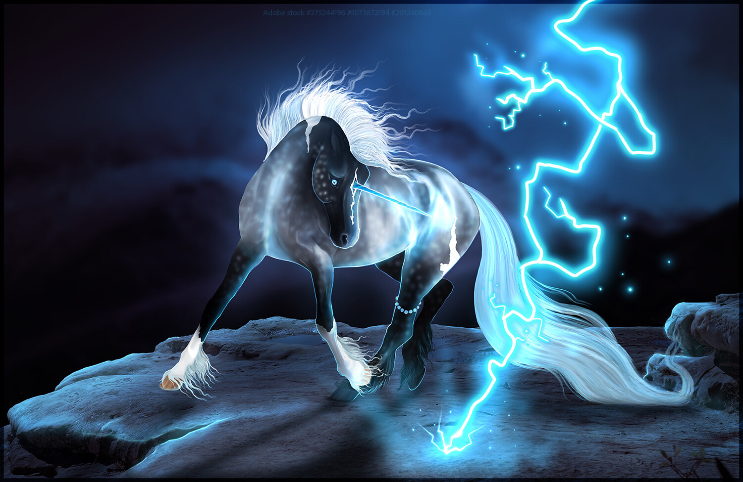 A grey unicorn prances on a rocky outcrop, against a dramatic dark blue sky. A bolt of lightning strikes the ground in front of them.