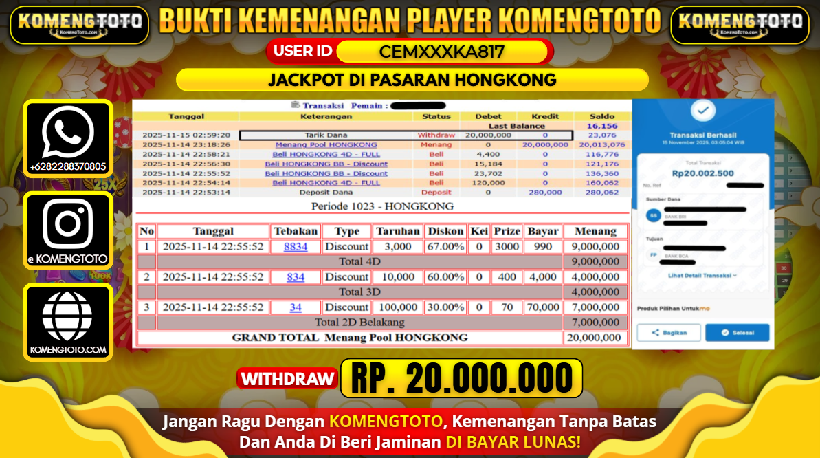 LAGI & LAGI!! KEMENANGAN BESAR DI PASARAN HONGKONG SEBESAR Rp.20.000.000 KOMENGTOTO BAYAR LUNAS SECEPAT KILAT !! KOMENGTOTO BAYAR SECEPAT KILAT !!