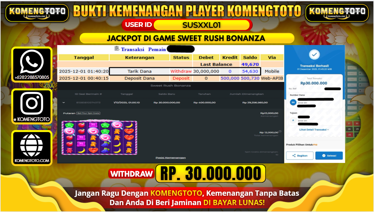 LAGI & LAGI!! KEMENANGAN BESAR DI SLOT SWEET RUSH BONANZA  SEBESAR Rp.30.000.000 KOMENGTOTO BAYAR LUNAS SECEPAT KILAT !! KOMENGTOTO BAYAR SECEPAT KILAT !!