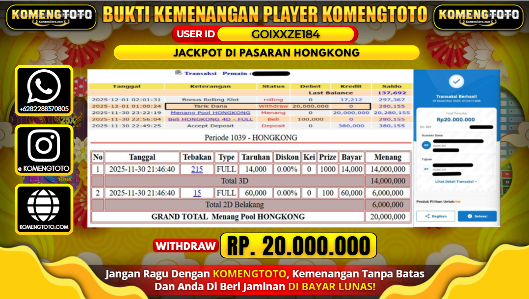 LAGI & LAGI!! KEMENANGAN BESAR DI PASARAN HONGKONG SEBESAR Rp.20.000.000 KOMENGTOTO BAYAR LUNAS SECEPAT KILAT !! KOMENGTOTO BAYAR SECEPAT KILAT !!