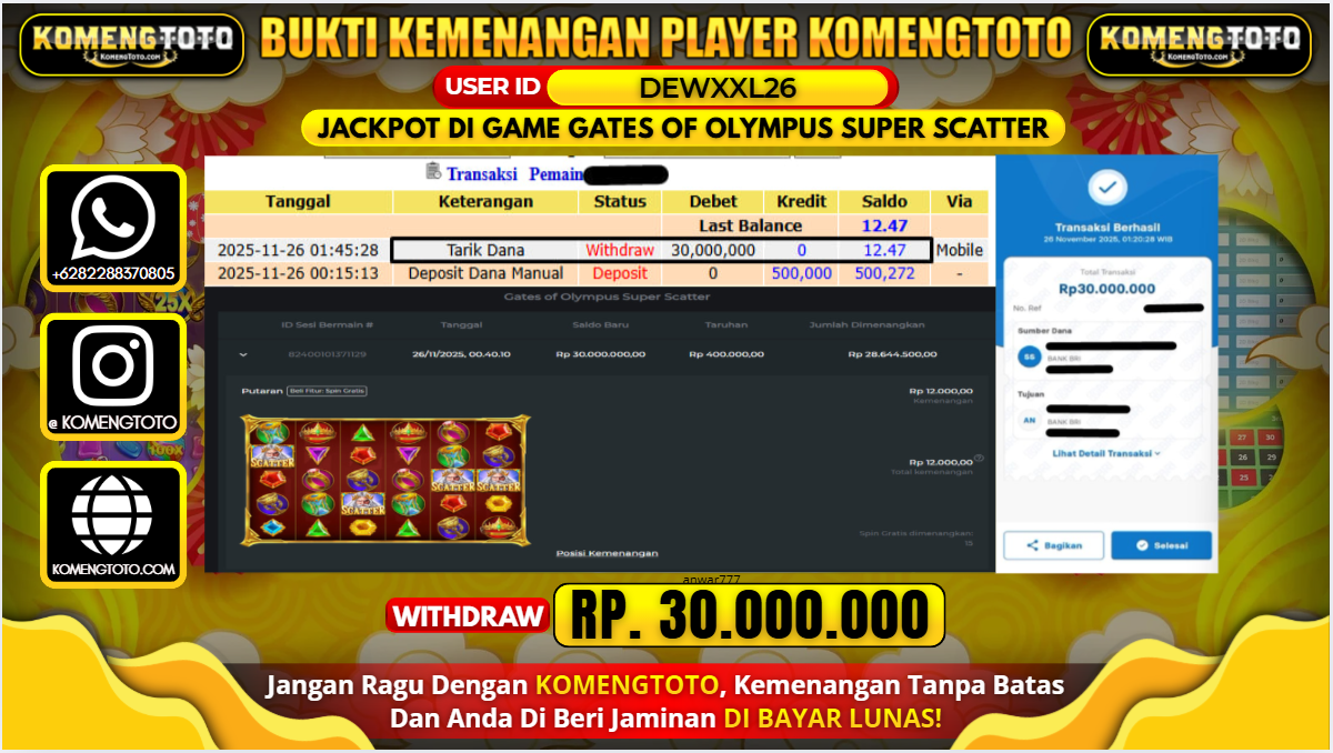 LAGI & LAGI!! KEMENANGAN BESAR DI SLOT GATES OF OLYMPUS SUPER SCATTER  SEBESAR Rp.30.000.000 KOMENGTOTO BAYAR LUNAS SECEPAT KILAT !! KOMENGTOTO BAYAR SECEPAT KILAT !!