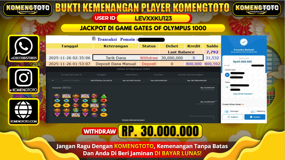 LAGI & LAGI!! KEMENANGAN BESAR DI SLOT GATES OF OLYMPYUS 1000  SEBESAR Rp.30.000.000 KOMENGTOTO BAYAR LUNAS SECEPAT KILAT !! KOMENGTOTO BAYAR SECEPAT KILAT !!