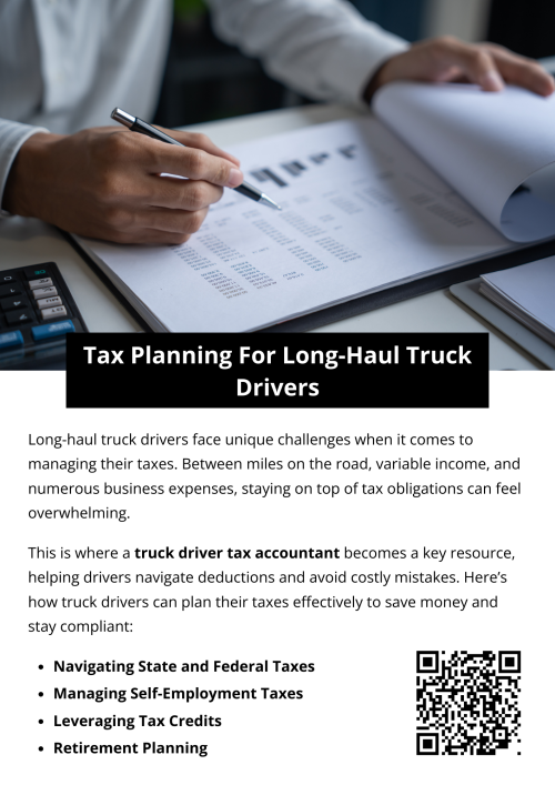 Long-haul truck drivers can optimize tax savings by tracking mileage, logging expenses, and claiming industry-specific deductions. Strategic planning, such as timing income and expenses, helps minimize liabilities. Regular consultation ensures compliance with IRS regulations and identifies all available tax benefits. A truck driver tax accountant provides expert guidance, making tax season efficient, accurate, and financially rewarding for drivers. To know more visit here https://www.truckersprocpa.ca/trucking-accounting-services