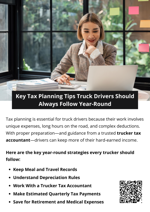 Truck drivers should maintain accurate mileage logs, track all business expenses, and separate personal and business finances year-round. Staying organized helps maximize deductions and reduce audit risks. Consulting regularly with a professional ensures compliance with IRS rules and uncovers additional tax-saving opportunities. A trucker tax accountant provides expert guidance, keeping drivers financially prepared and optimizing tax benefits throughout the year. To know more visit here https://www.truckersprocpa.ca/trucking-accounting-services