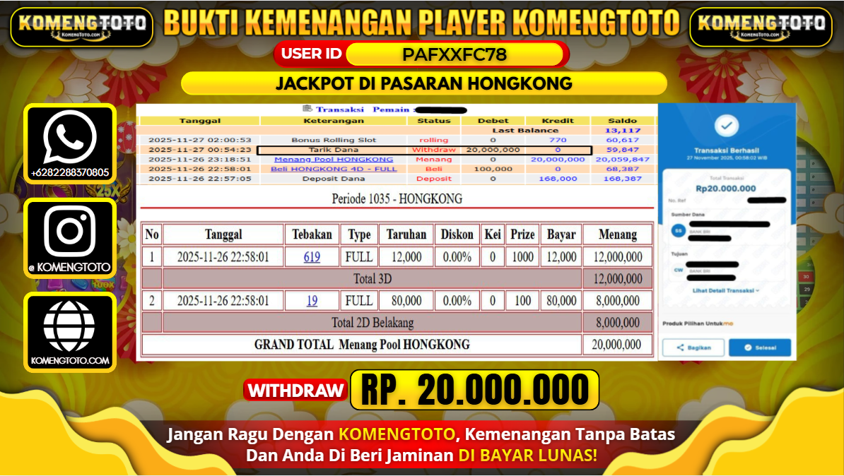 LAGI & LAGI!! KEMENANGAN BESAR DI PASARAN HONGKONG SEBESAR Rp.20.000.000 KOMENGTOTO BAYAR LUNAS SECEPAT KILAT !! KOMENGTOTO BAYAR SECEPAT KILAT !!