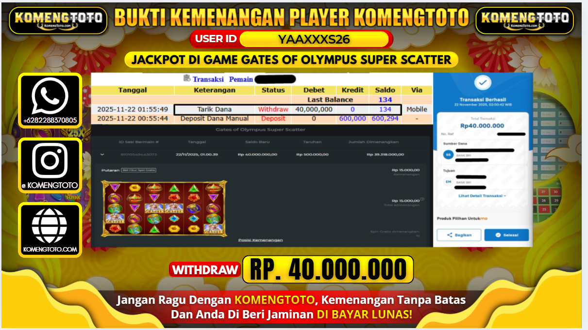 LAGI & LAGI!! KEMENANGAN BESAR DI SLOT GATES OF OLYMPUS SUPER SCATTER  SEBESAR Rp.40.000.000 KOMENGTOTO BAYAR LUNAS SECEPAT KILAT !! KOMENGTOTO BAYAR SECEPAT KILAT !!