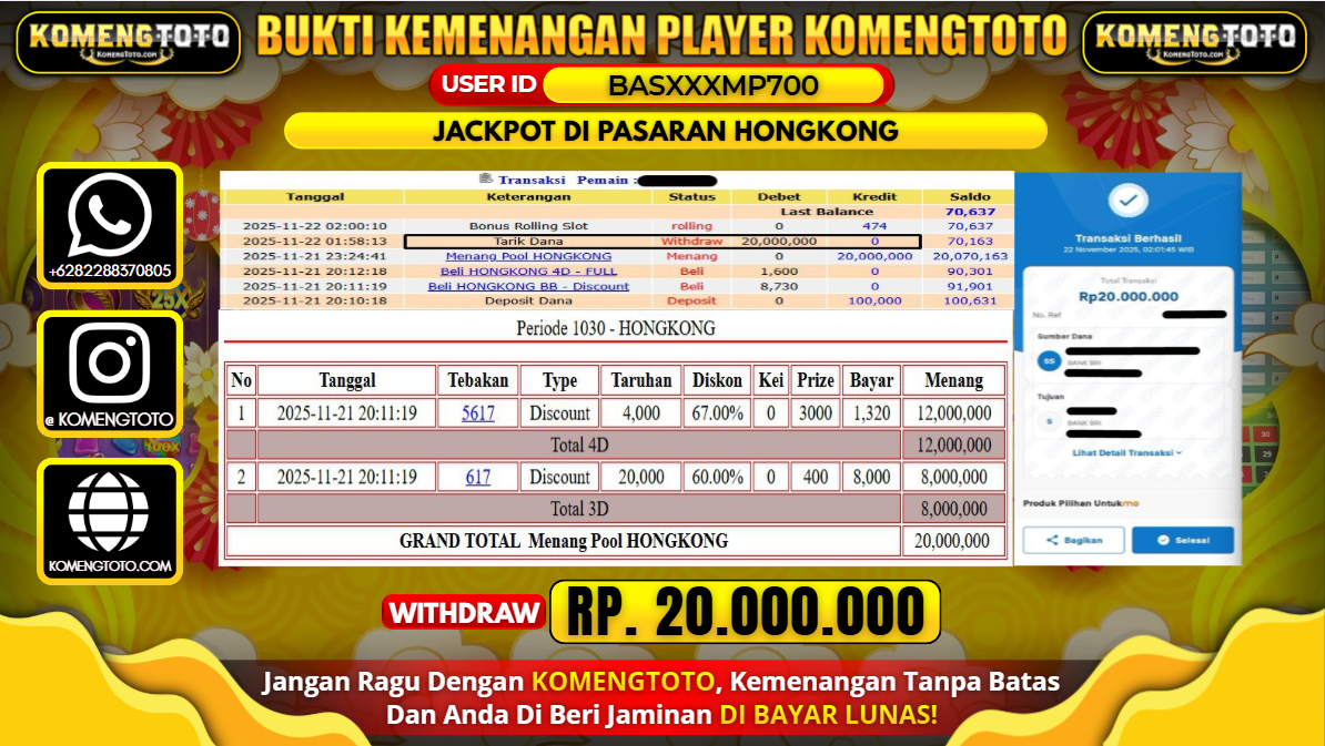 LAGI & LAGI!! KEMENANGAN BESAR DI PASARAN HONGKONG SEBESAR Rp.20.000.000 KOMENGTOTO BAYAR LUNAS SECEPAT KILAT !! KOMENGTOTO BAYAR SECEPAT KILAT !!