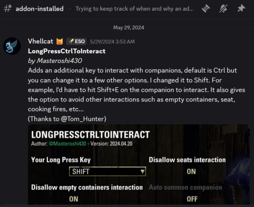 Screen shot of Vhellcat's record of when she installed LongPressCtrlToInteract.