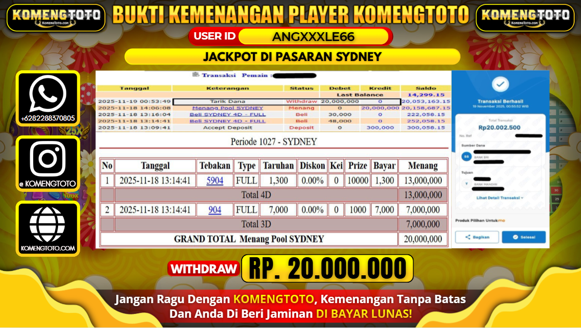 LAGI & LAGI!! KEMENANGAN BESAR DI PASARAN SYDNEY SEBESAR Rp.20.000.000 KOMENGTOTO BAYAR LUNAS SECEPAT KILAT !! KOMENGTOTO BAYAR SECEPAT KILAT !!