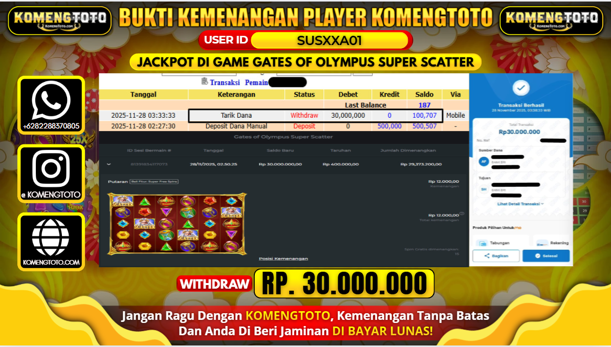 LAGI & LAGI!! KEMENANGAN BESAR DI SLOT GATES OF OLYMPUS SUPER SCATTER  SEBESAR Rp.30.000.000 KOMENGTOTO BAYAR LUNAS SECEPAT KILAT !! KOMENGTOTO BAYAR SECEPAT KILAT !!