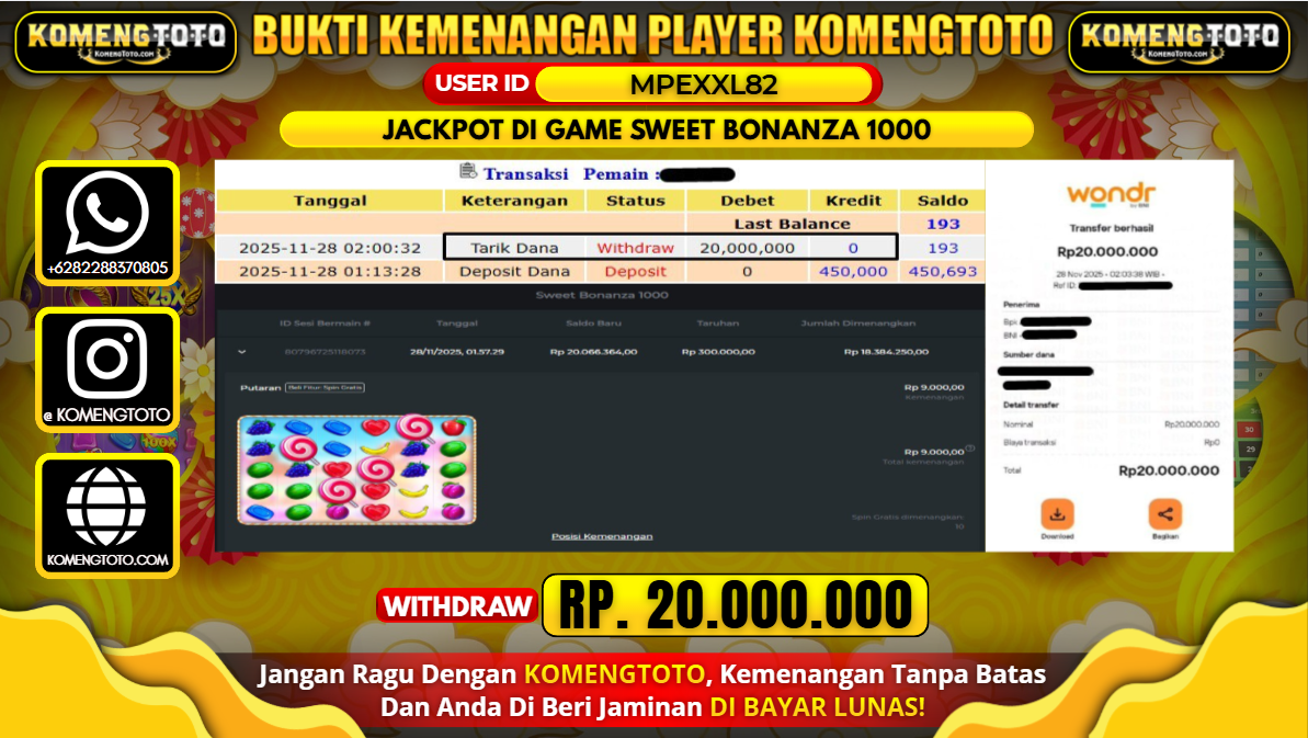 LAGI & LAGI!! KEMENANGAN BESAR DI SLOT SWEET BONANZA 1000  SEBESAR Rp.20.000.000 KOMENGTOTO BAYAR LUNAS SECEPAT KILAT !! KOMENGTOTO BAYAR SECEPAT KILAT !!