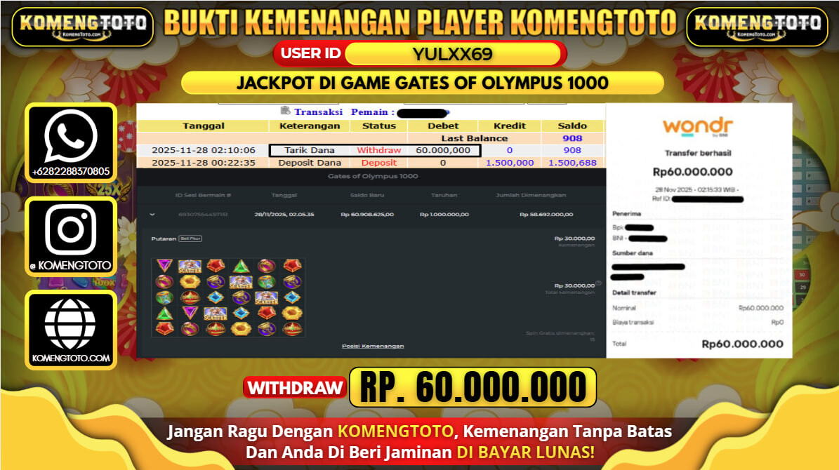 LAGI & LAGI!! KEMENANGAN BESAR DI SLOT GATES OF OLYMPYUS 1000  SEBESAR Rp.60.000.000 KOMENGTOTO BAYAR LUNAS SECEPAT KILAT !! KOMENGTOTO BAYAR SECEPAT KILAT !!