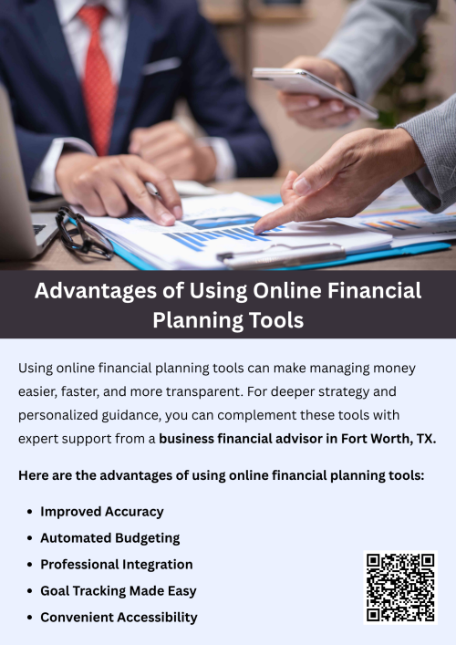Online financial planning tools offer convenience, real-time tracking, and better control over finances. They help users manage budgets, investments, and goals efficiently from anywhere. Combining these tools with expert guidance from business financial advisory in Fort Worth, TX, enhances decision-making, streamlines planning, and ensures smarter financial management for individuals and business owners seeking long-term growth. To know more visit here https://www.alignedwealthadv.com/financial-planning-fort-worth-tx.