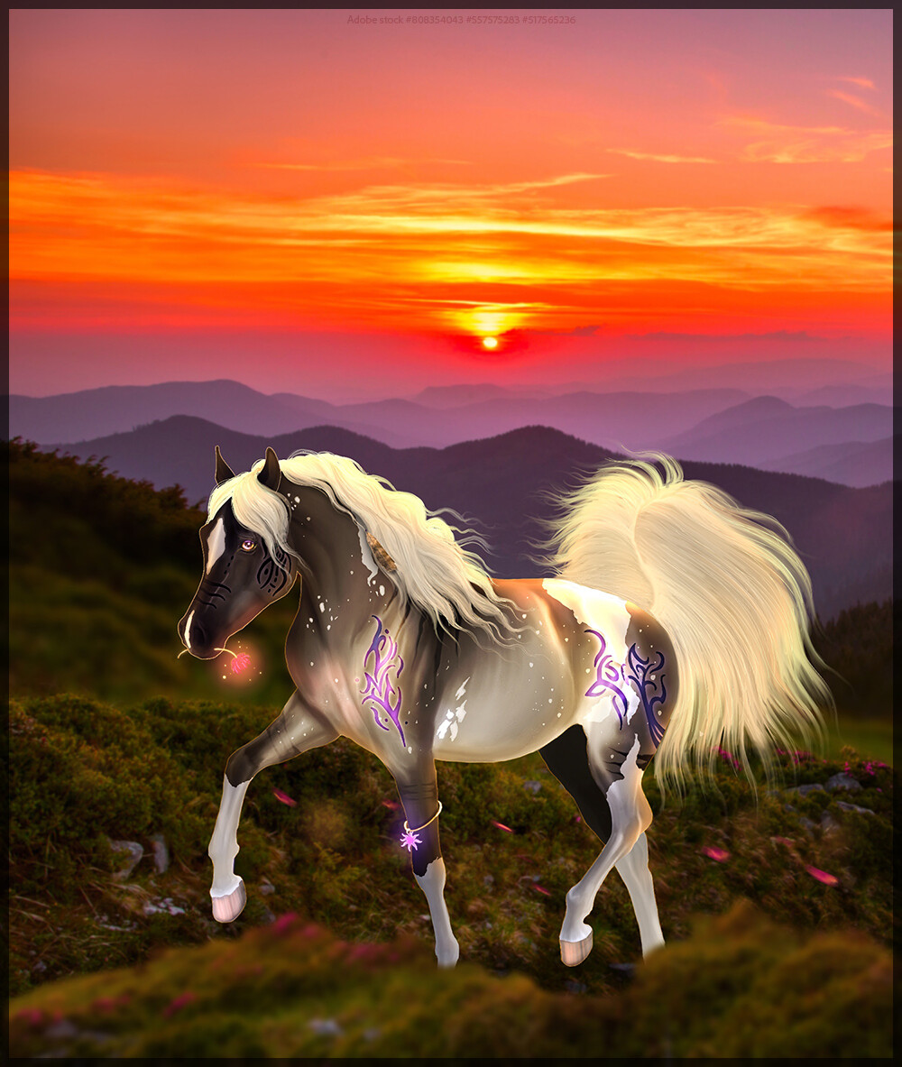 A dunalino tobiano horse prances through a mountain slope with a flower in its mouth and a sunset in the background.