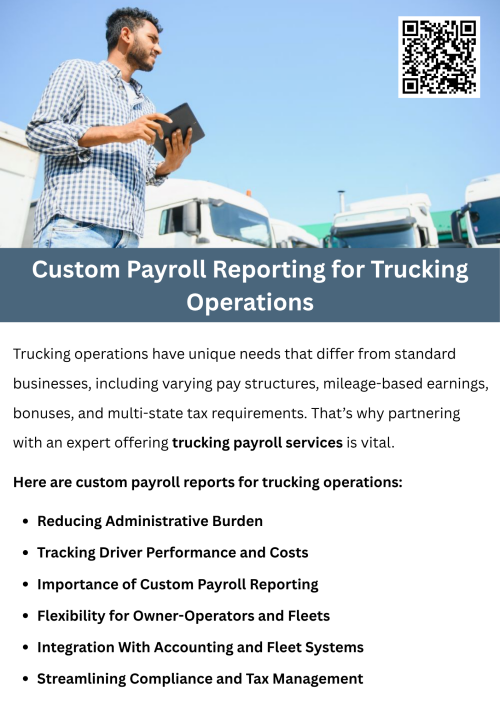 Custom payroll reporting for trucking operations ensures accuracy in driver payments, mileage tracking, and compliance with industry regulations. By partnering with an expert offering trucking payroll services, companies can streamline payroll processes, reduce administrative errors, and gain insights into labor costs. This approach improves efficiency, transparency, and financial management within the transportation business. To know more visit here https://www.truckersprocpa.ca/trucking-payroll-services.