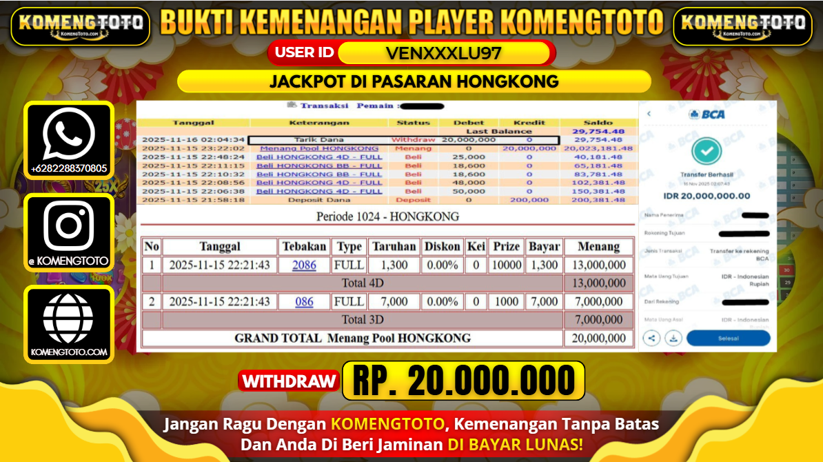LAGI & LAGI!! KEMENANGAN BESAR DI PASARAN HONGKONG SEBESAR Rp.20.000.000 KOMENGTOTO BAYAR LUNAS SECEPAT KILAT !! KOMENGTOTO BAYAR SECEPAT KILAT !!