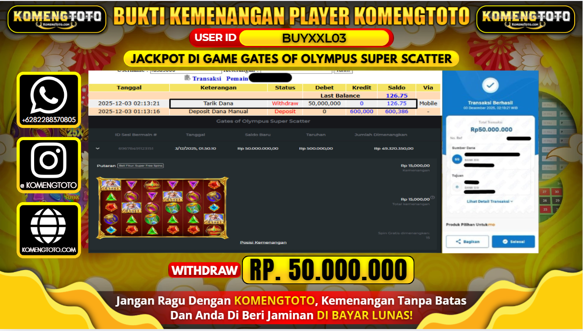 LAGI & LAGI!! KEMENANGAN BESAR DI SLOT  GATES OF OLYMPUS SUPER SCATTER SEBESAR Rp.50.000.000 KOMENGTOTO BAYAR LUNAS SECEPAT KILAT !! KOMENGTOTO BAYAR SECEPAT KILAT !!