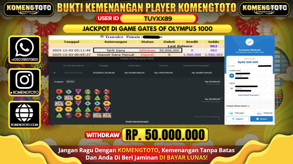 LAGI & LAGI!! KEMENANGAN BESAR DI SLOT GATES OF OLYMPYUS 1000  SEBESAR Rp.50.000.000 KOMENGTOTO BAYAR LUNAS SECEPAT KILAT !! KOMENGTOTO BAYAR SECEPAT KILAT !!