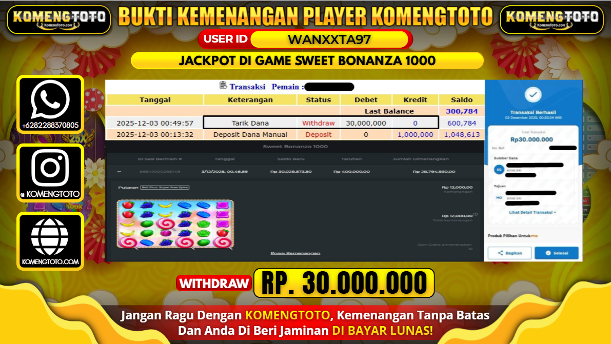 LAGI & LAGI!! KEMENANGAN BESAR DI SLOT SWEET BONANZA 1000 SEBESAR Rp.30.000.000 KOMENGTOTO BAYAR LUNAS SECEPAT KILAT !! KOMENGTOTO BAYAR SECEPAT KILAT !!