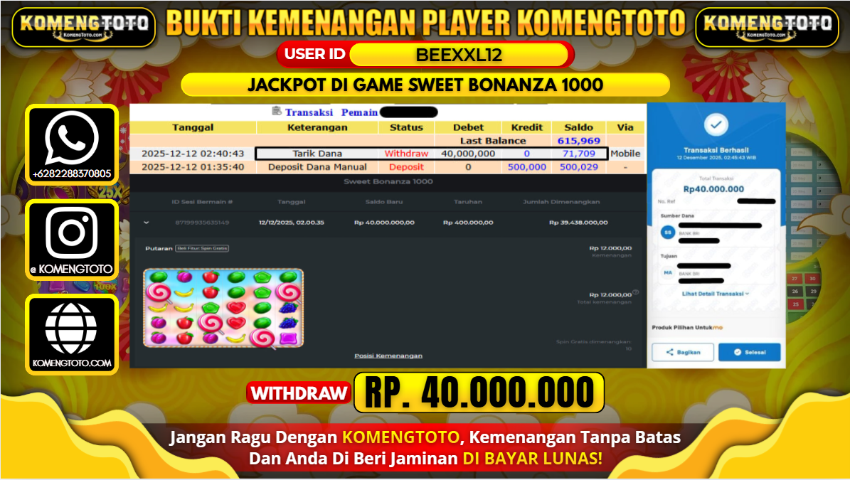 LAGI & LAGI!! KEMENANGAN BESAR DI SLOT SWEET BONANZA 1000  SEBESAR Rp.40.000.000 KOMENGTOTO BAYAR LUNAS SECEPAT KILAT !! KOMENGTOTO BAYAR SECEPAT KILAT !!