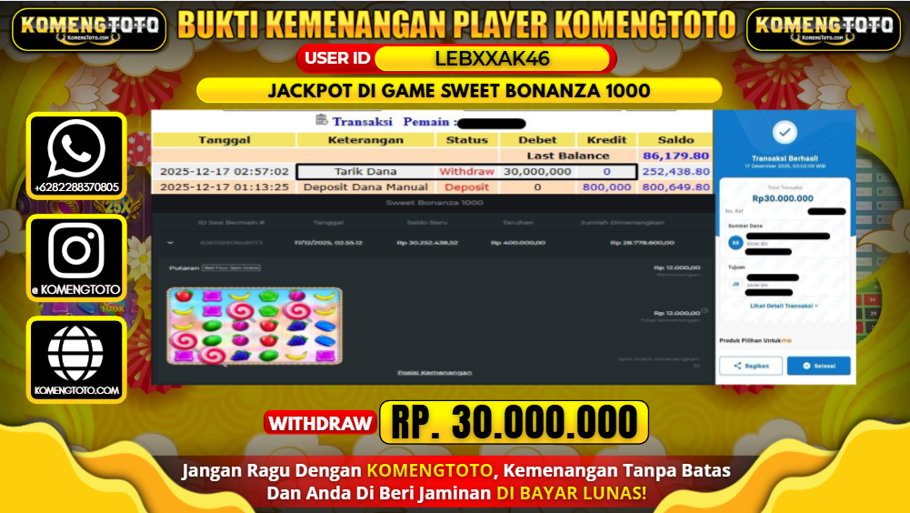 LAGI & LAGI!! KEMENANGAN BESAR DI LOT SWEET BONANZA 1000 SEBESAR Rp.30.000.000 KOMENGTOTO BAYAR LUNAS SECEPAT KILAT !! KOMENGTOTO BAYAR SECEPAT KILAT !!