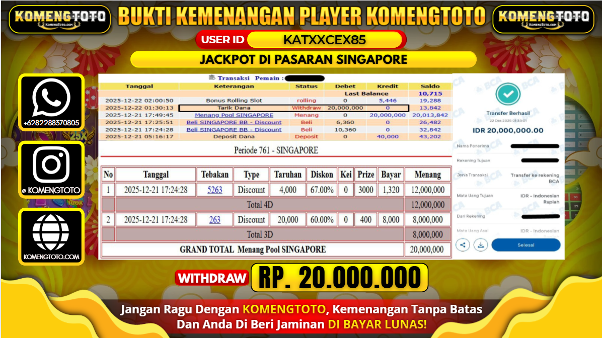 LAGI & LAGI!! KEMENANGAN BESAR DI PASARAN SINGAPORE SEBESAR Rp.20.000.000 KOMENGTOTO BAYAR LUNAS SECEPAT KILAT !! KOMENGTOTO BAYAR SECEPAT KILAT !!
