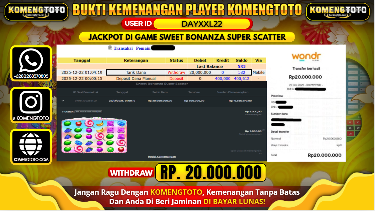 LAGI & LAGI!! KEMENANGAN BESAR DI SLOT SWEET BONANZA SUPER SCATTER SEBESAR Rp.20.000.000 KOMENGTOTO BAYAR LUNAS SECEPAT KILAT !! KOMENGTOTO BAYAR SECEPAT KILAT !!