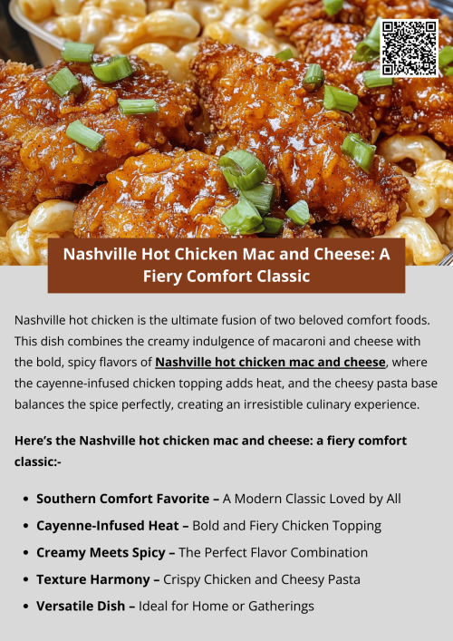 Nashville hot chicken mac and cheese delivers the perfect blend of spicy heat and creamy comfort. This bold fusion dish combines tender, fiery chicken with rich, cheesy pasta for an unforgettable meal. Whether served for dinner or special gatherings, Nashville hot chicken mac and cheese brings intense flavor and hearty satisfaction every time. To know more visit here https://foodclub.com/recipe/nashville-hot-chicken-mac-and-cheese