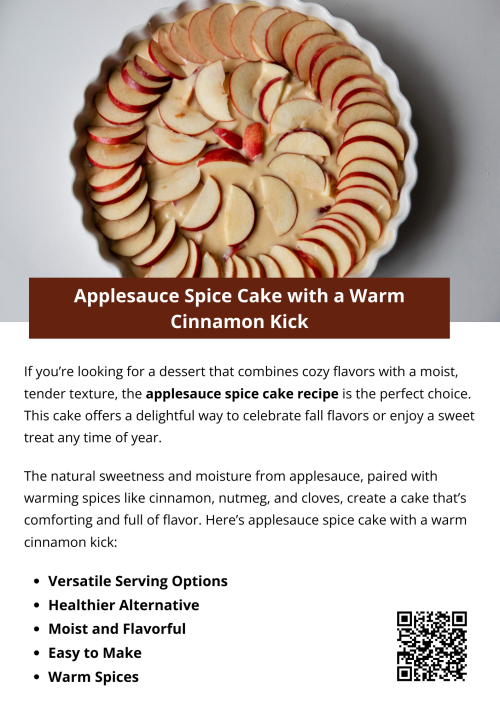This Applesauce Spice Cake with a Warm Cinnamon Kick is a cozy, moist dessert perfect for any season. Made with simple ingredients, this applesauce spice cake recipe delivers rich spice, natural sweetness, and tender texture. Ideal for gatherings or everyday treats, it brings comforting flavors to every bite. To know more visit here https://foodclub.com/recipe/applesauce-spice-cake
