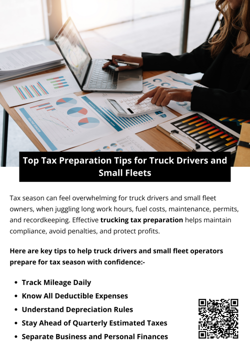 Top tax preparation tips for truck drivers and small fleets include keeping detailed mileage and expense records, separating personal and business finances, and claiming all eligible deductions. Regularly reviewing financials ensures compliance with IRS regulations and minimizes audit risks. Professional guidance helps maximize savings and simplify filing. Expert trucking tax preparation services make tax season efficient and financially beneficial. To know more visit here https://www.truckersprocpa.ca/trucking-tax-planning-preparation-services