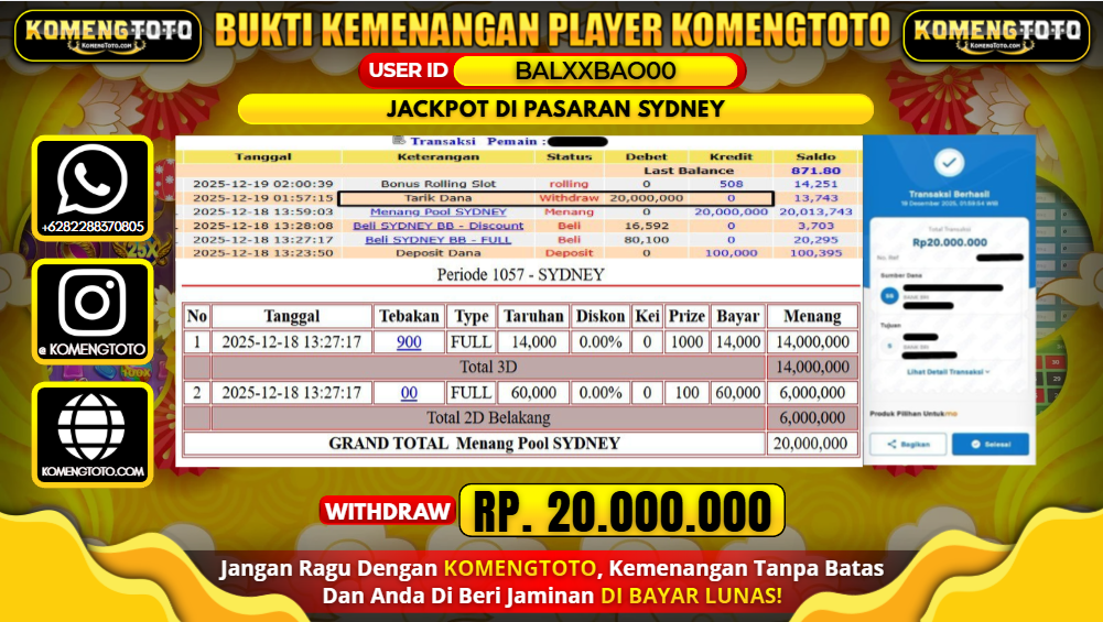 LAGI & LAGI!! KEMENANGAN BESAR DI PASARAN SYDNEY SEBESAR Rp.20.000.000 KOMENGTOTO BAYAR LUNAS SECEPAT KILAT !! KOMENGTOTO BAYAR SECEPAT KILAT !!