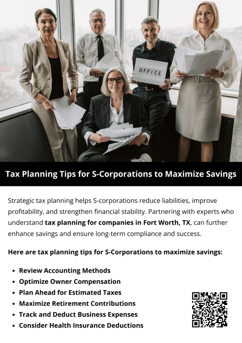 S-Corporations can maximize savings by optimizing salary versus distribution, claiming all eligible deductions, and leveraging retirement and healthcare plans. Strategic timing of income and expenses also reduces tax liability. Partnering with experts in tax planning for companies in Fort Worth TX ensures compliance, uncovers additional savings opportunities, and supports efficient financial management for long-term business growth. To know more visit here https://www.alignedwealthadv.com/tax-planning-fort-worth-tx