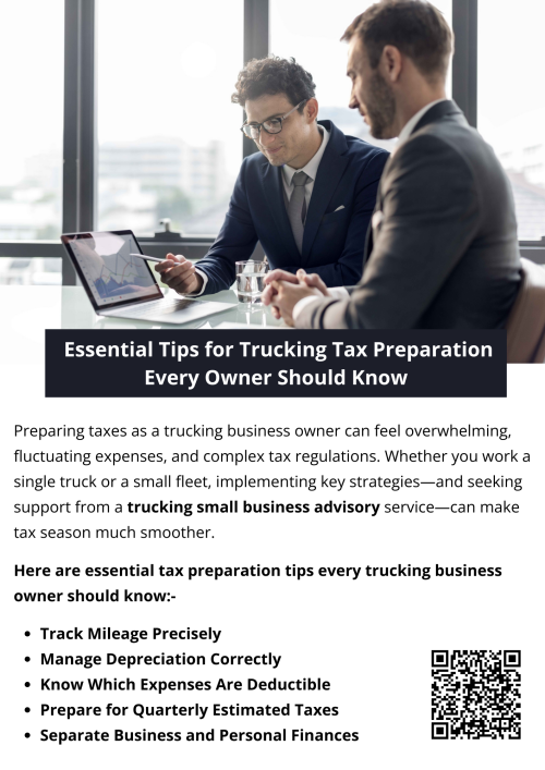 Essential trucking tax preparation tips include tracking mileage, recording all business expenses, and separating personal and business finances. Staying organized ensures maximum deductions and compliance with IRS rules. Regular reviews help identify tax-saving opportunities and reduce audit risks. Leveraging expert advice through trucking small business advisory services helps drivers optimize filings, save money, and simplify tax season. To know more visit here https://www.truckersprocpa.ca/trucking-business-advisory-services