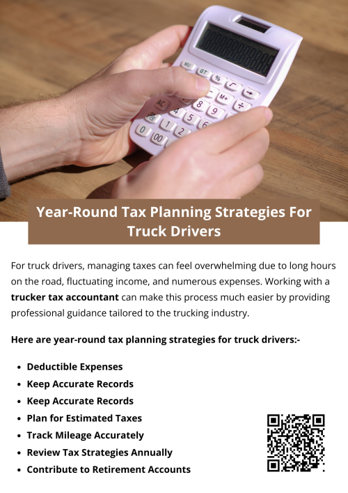 Truck drivers can save on taxes by implementing year-round strategies. Keep accurate records, separate business and personal finances, track mileage, and claim all eligible deductions. Contribute to retirement accounts, pay quarterly estimated taxes, and review strategies annually. Consulting a trucker tax accountant ensures compliance, maximizes deductions, and simplifies filing, helping drivers retain more of their hard-earned income. To know more visit here https://www.truckersprocpa.ca/trucking-accounting-services