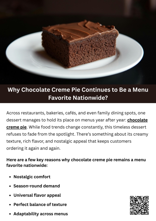 Chocolate creme pie remains a menu favorite nationwide because it blends rich chocolate flavor with a smooth, creamy texture that appeals to every age group. Its versatility fits casual cafés, fine-dining restaurants, and celebrations alike. Easy pairing with toppings and seasonal twists keeps chocolate creme pie exciting, comforting, and consistently irresistible for dessert lovers everywhere. To know more visit here- https://cravnflavor.com/product/cravn-flavor-chocolate-creme-pie-25-2-oz/