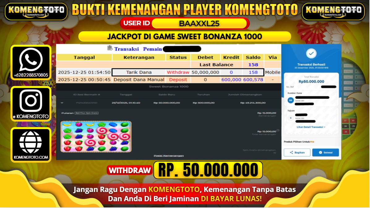 LAGI & LAGI!! KEMENANGAN BESAR DI SLOT SWEET BONANZA 1000 SEBESAR Rp.50.000.000 KOMENGTOTO BAYAR LUNAS SECEPAT KILAT !! KOMENGTOTO BAYAR SECEPAT KILAT !!