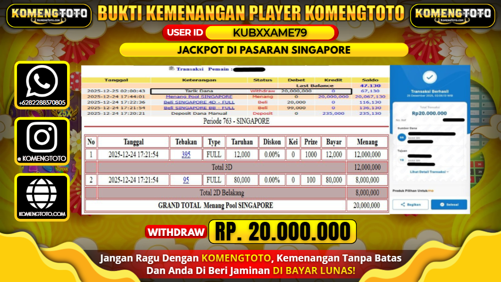 LAGI & LAGI!! KEMENANGAN BESAR DI PASARAN SINGAPORE SEBESAR Rp.20.000.000 KOMENGTOTO BAYAR LUNAS SECEPAT KILAT !! KOMENGTOTO BAYAR SECEPAT KILAT !!