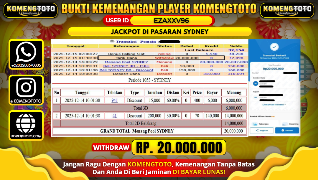 LAGI & LAGI!! KEMENANGAN BESAR DI PASARAN  SYDNEY SEBESAR Rp.20.000.000 KOMENGTOTO BAYAR LUNAS SECEPAT KILAT !! KOMENGTOTO BAYAR SECEPAT KILAT !!