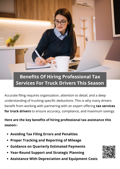 Hiring professional tax services helps truck drivers maximize deductions, accurately track expenses, and stay compliant with IRS regulations. It reduces errors, minimizes audit risks, and ensures timely filing. With expert guidance, drivers save time and increase refunds while focusing on their business. Partnering with expert offering tax service for truck drivers provides peace of mind and optimized tax savings. To know more visit herehttps://www.truckersprocpa.ca/trucking-tax-planning-preparation-services