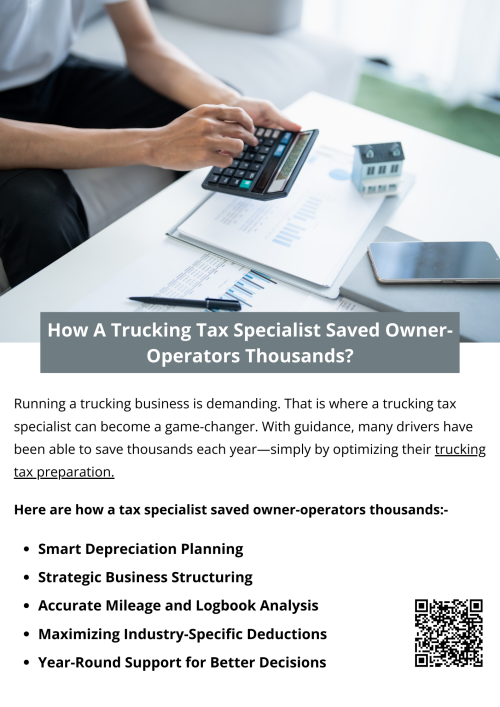 A skilled expert in trucking tax preparation helped owner-operators uncover overlooked deductions, organize messy expense records, and correct costly filing errors. By identifying eligible write-offs, optimizing per-diem claims, and guiding them through complex self-employment rules, drivers saved thousands in taxes. The right specialist can turn confusing paperwork into real financial gains for hardworking truckers. To know more visit here https://www.truckersprocpa.ca/trucking-tax-planning-preparation-services